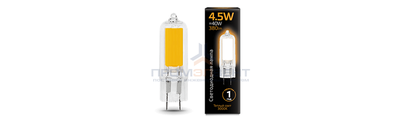 Лампа Gauss G4 AC220-240V 4.5W 380lm 3000K стекло LED 1/10/200