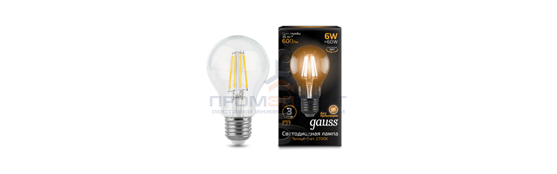 Gauss LED Filament A60 E27 6W 2700К 1/10/50