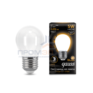 Лампа Gauss Filament Шар 5W 420lm 2700К Е27 milky LED 1/10/50